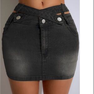 Y2K Black Denim Mini Skirt Cross Waist Belted Low Rise Festival Club Women XL